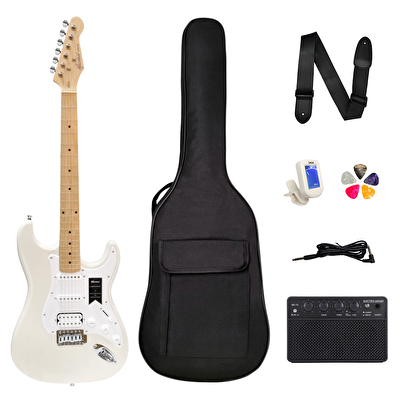 Mantic MST100-HWH Aksesuarlı ve Amfili Beyaz Elektro Gitar Paketi